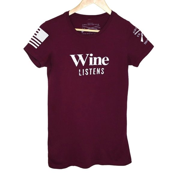 Grunt Style Tops - Women's Wine Themed Patriotic Short Sleeved Maroon Shirt Small